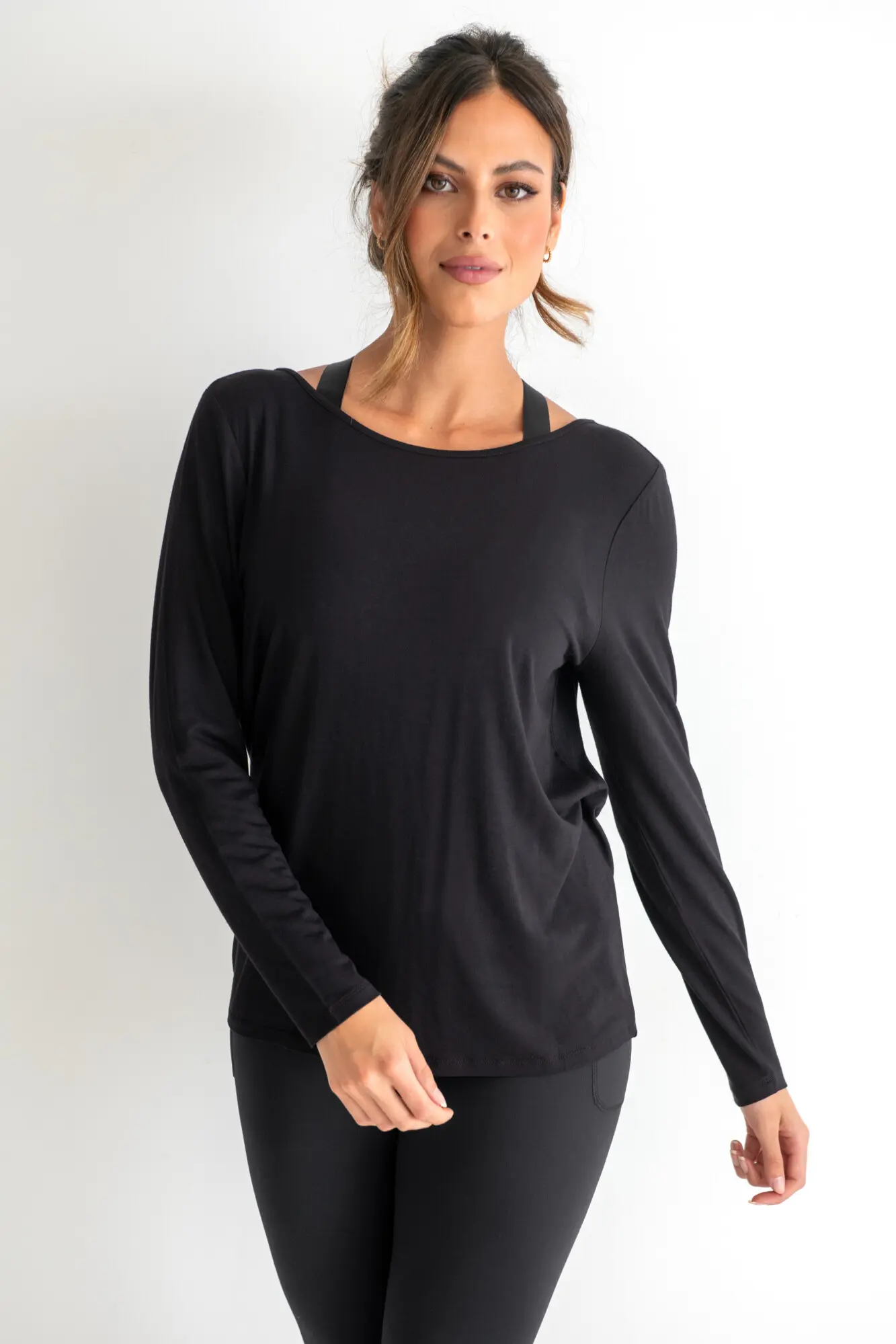 Cross Back Jersey Yoga Top in Black | Pour Moi