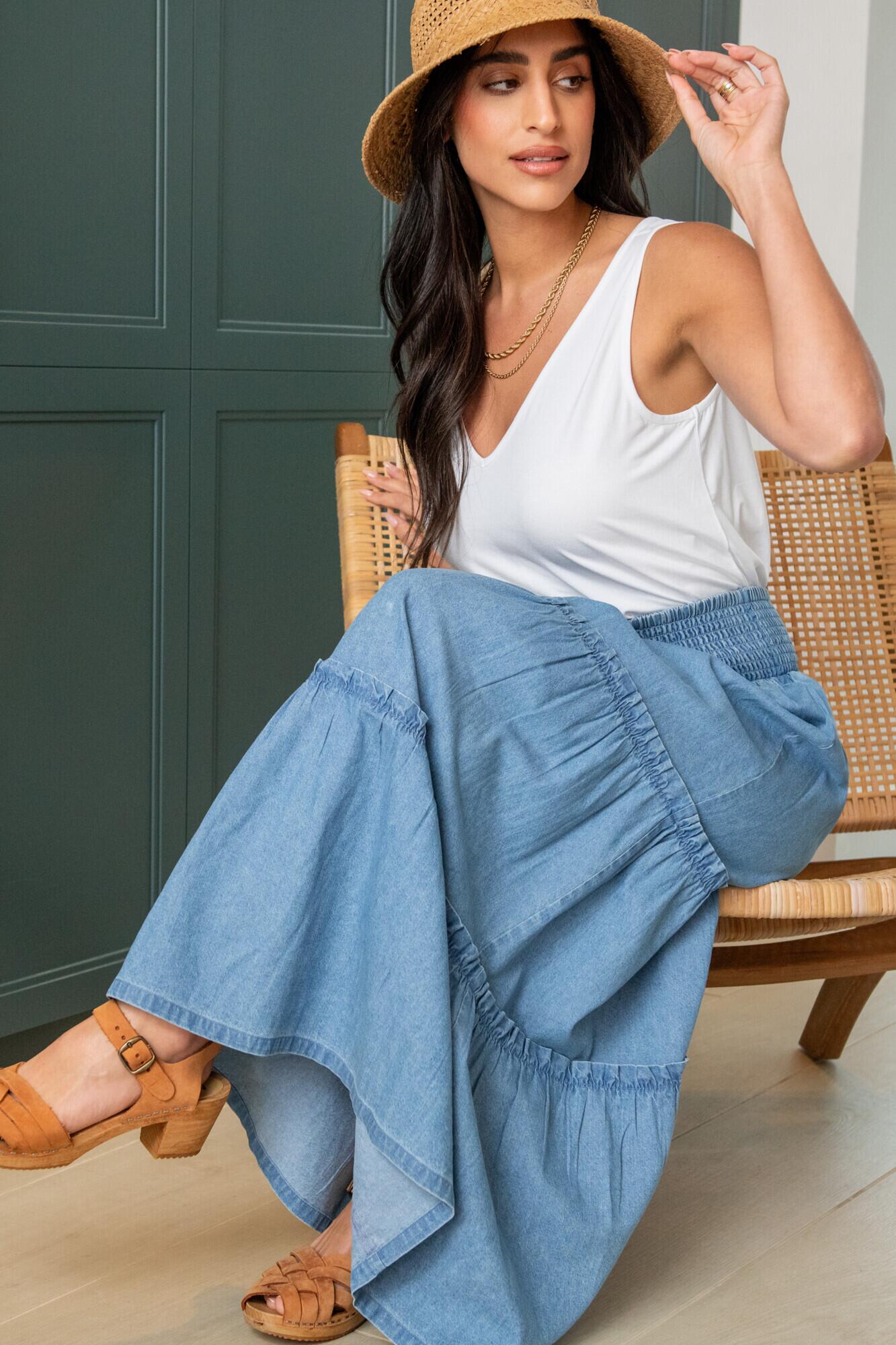 Tahlia Chambray Frill Tiered Maxi Skirt in Light Blue | Pour Moi