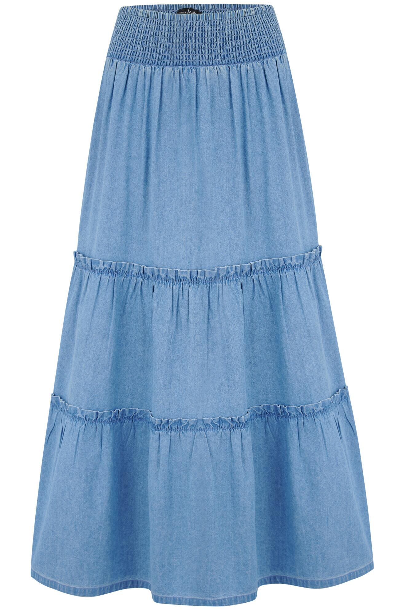 Tahlia Chambray Frill Tiered Maxi Skirt in Light Blue | Pour Moi