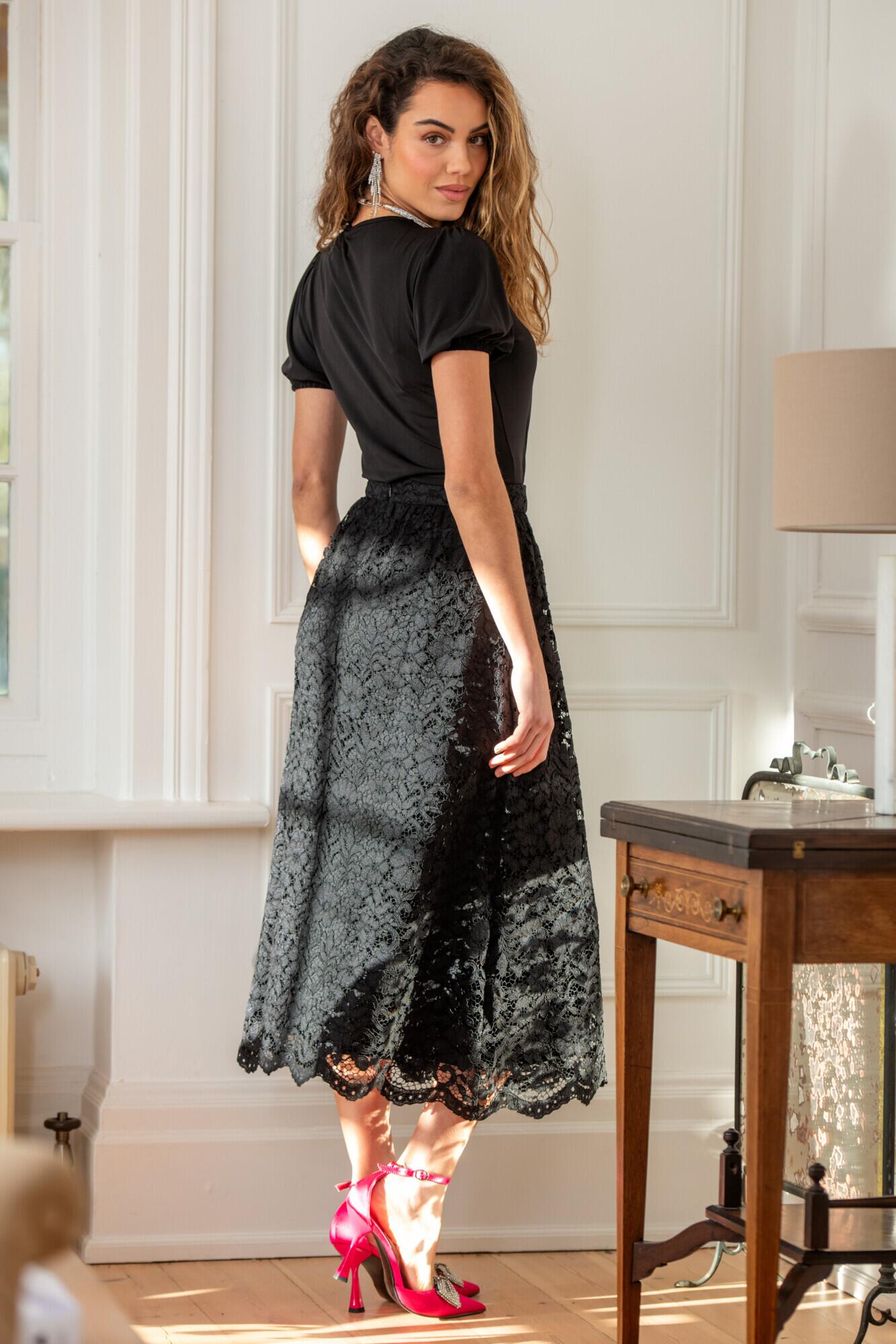 Sandie Corded Lace Midi Skirt in Black Pour Moi