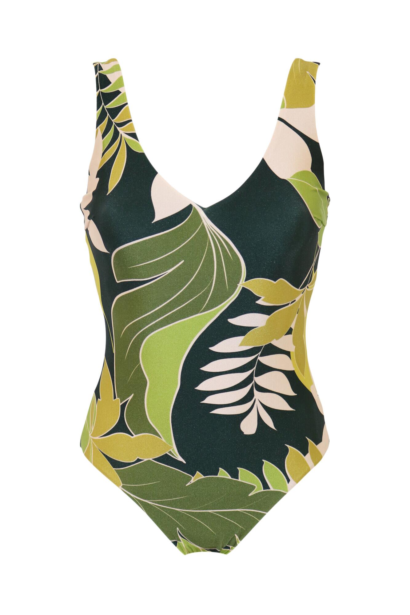 Dolce Vita V Neck Tummy Control Swimsuit in Green Tropical Pour Moi