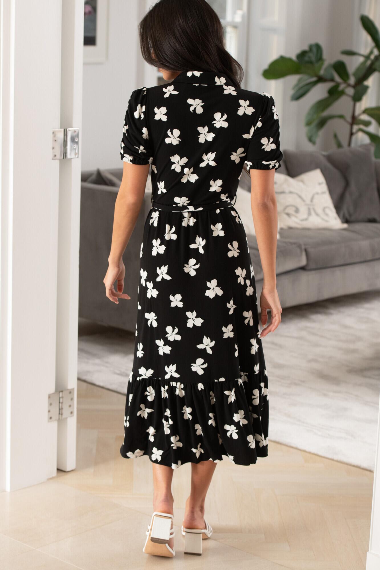 Jodie Fuller Bust Slinky Jersey Tiered Midi Shirt Dress in Mono | Pour Moi