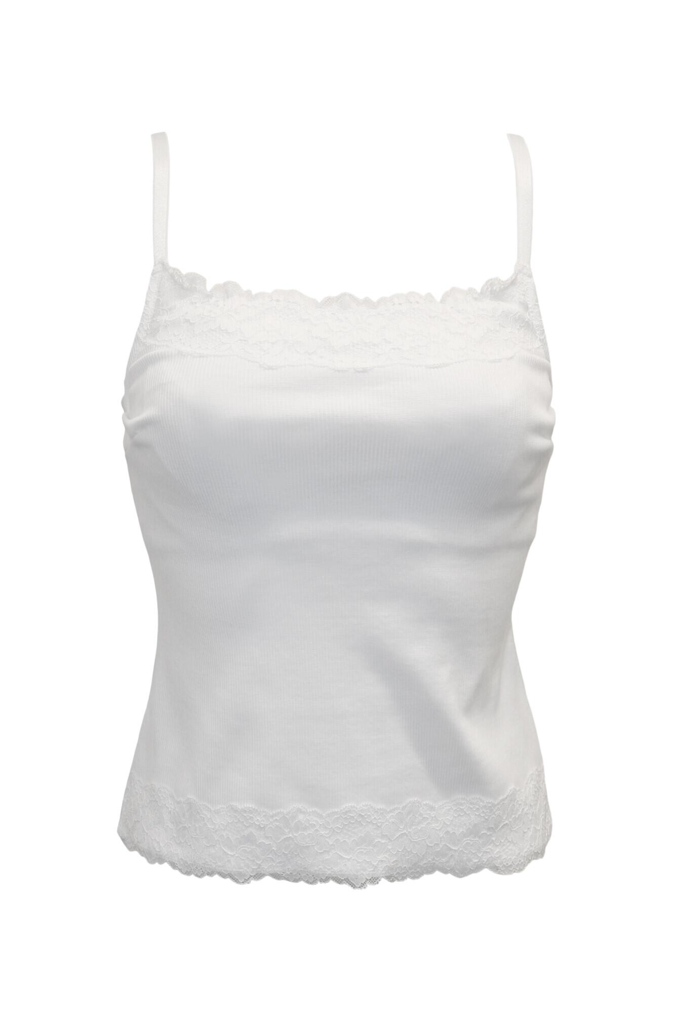 Ribbed Cotton Lace Trim Hidden Bra Cami Top D-J in White | Pour Moi