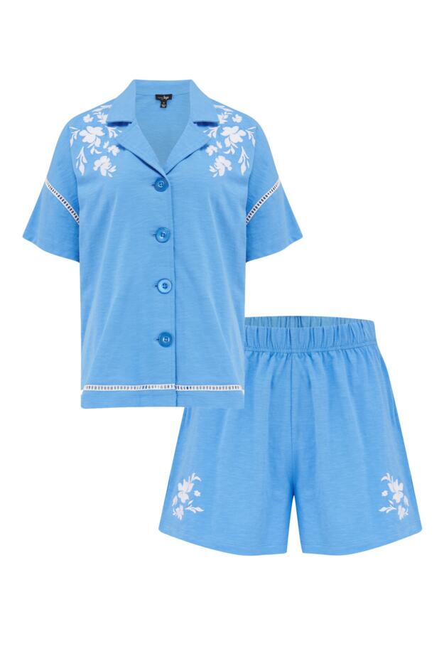 Cotton Jersey Embroidered Revere Collar Shirt and Short Set