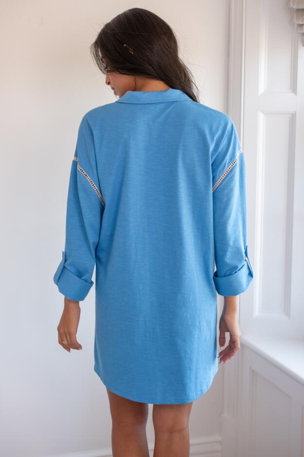 Cotton Jersey Embroidered Revere Collar Oversized Nightshirt in Blue ...