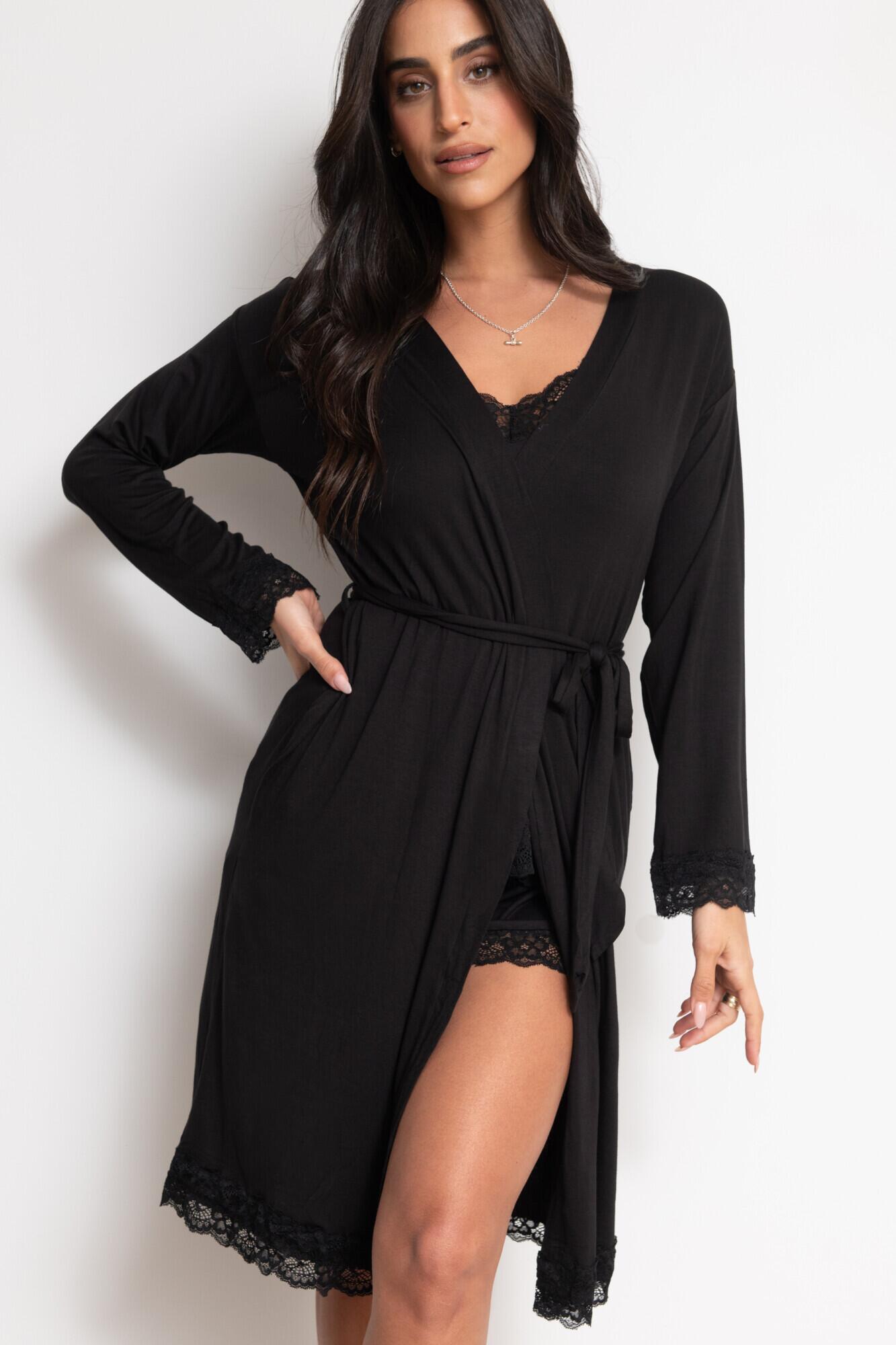 Sofa Loves Lace Jersey Wrap Dressing Gown in Black Pour Moi