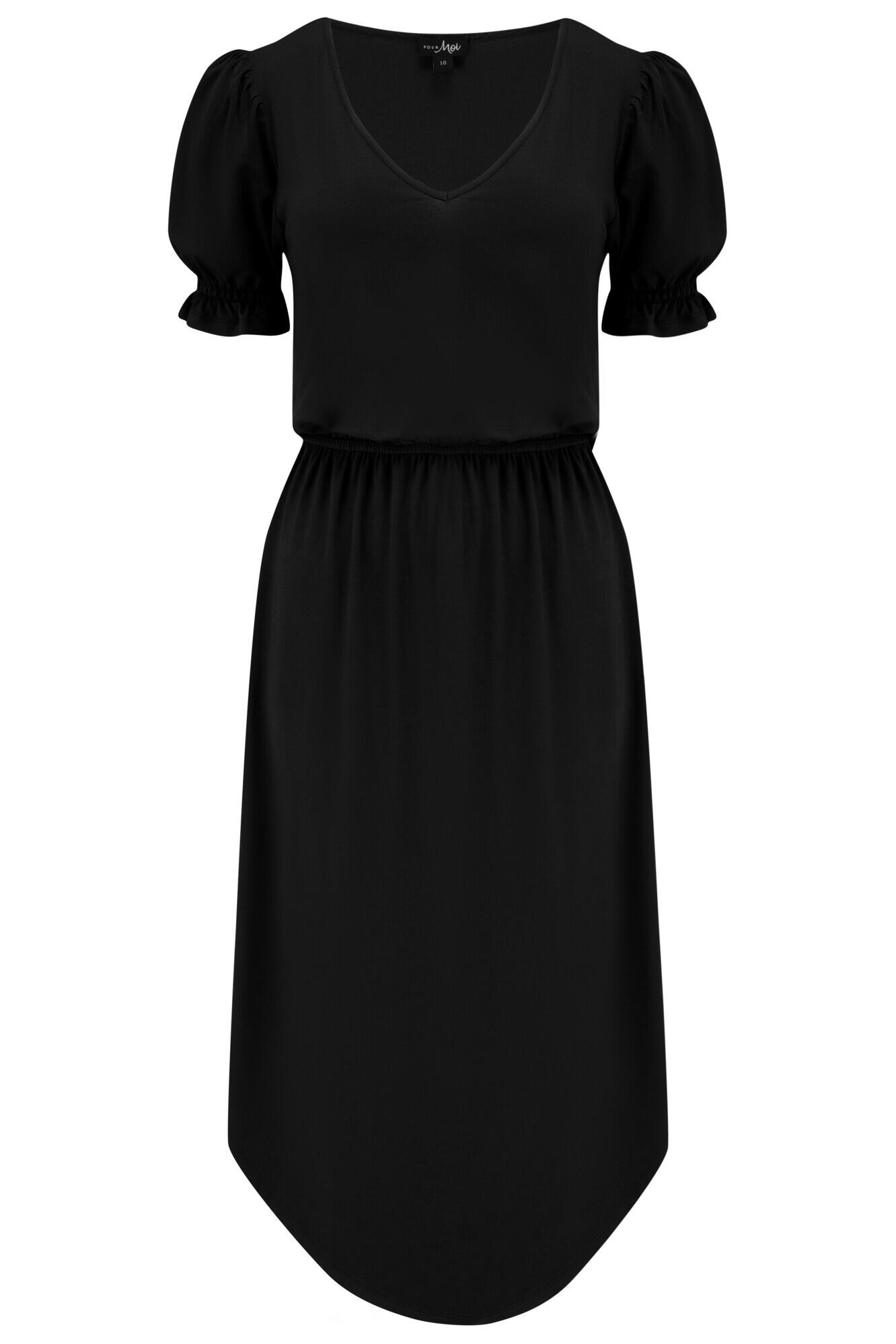 Jenny Puff Sleeve Jersey Midi Dress in Black | Pour Moi