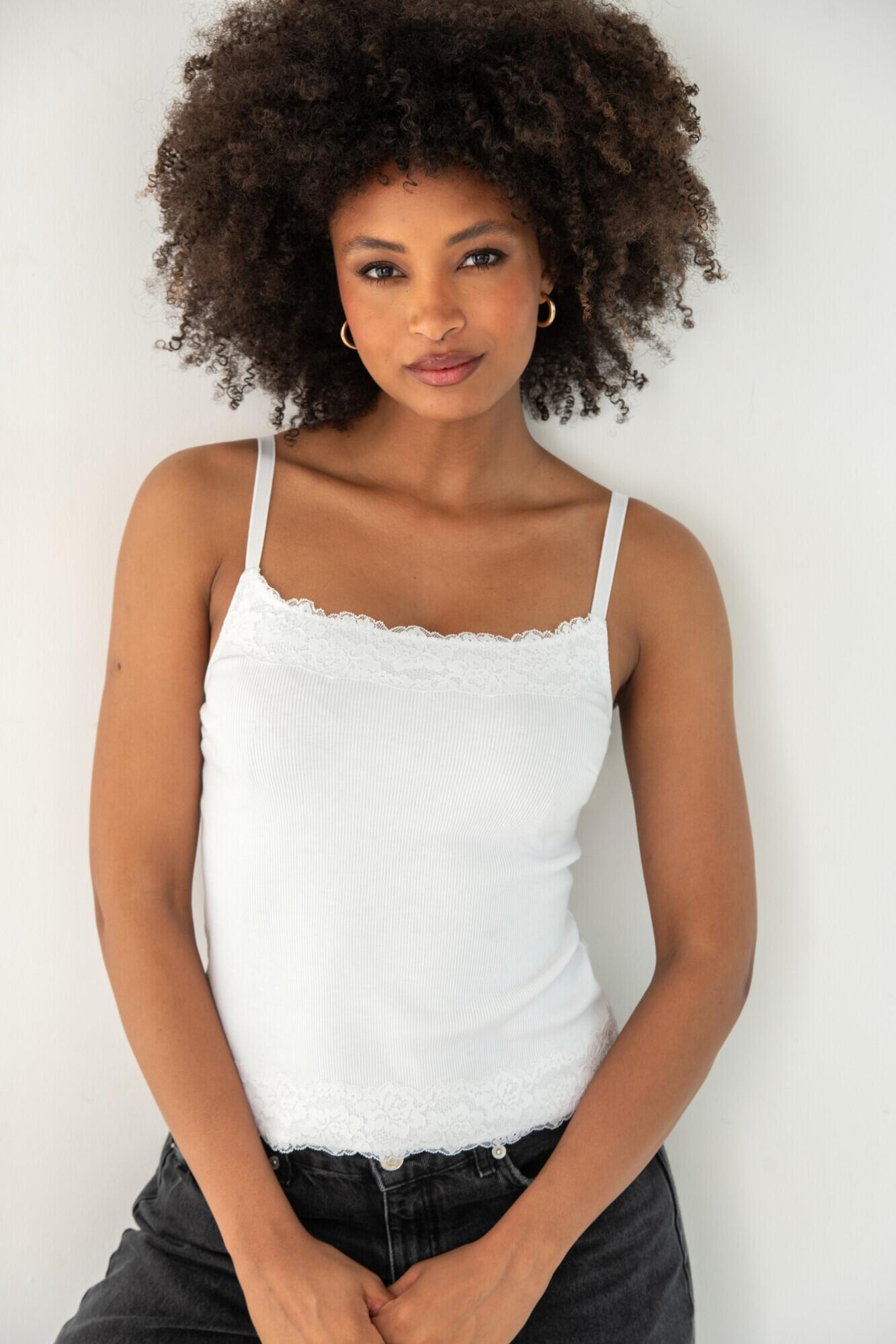 Ribbed Cotton Lace Trim Hidden Bra Cami Top D J in White Pour Moi