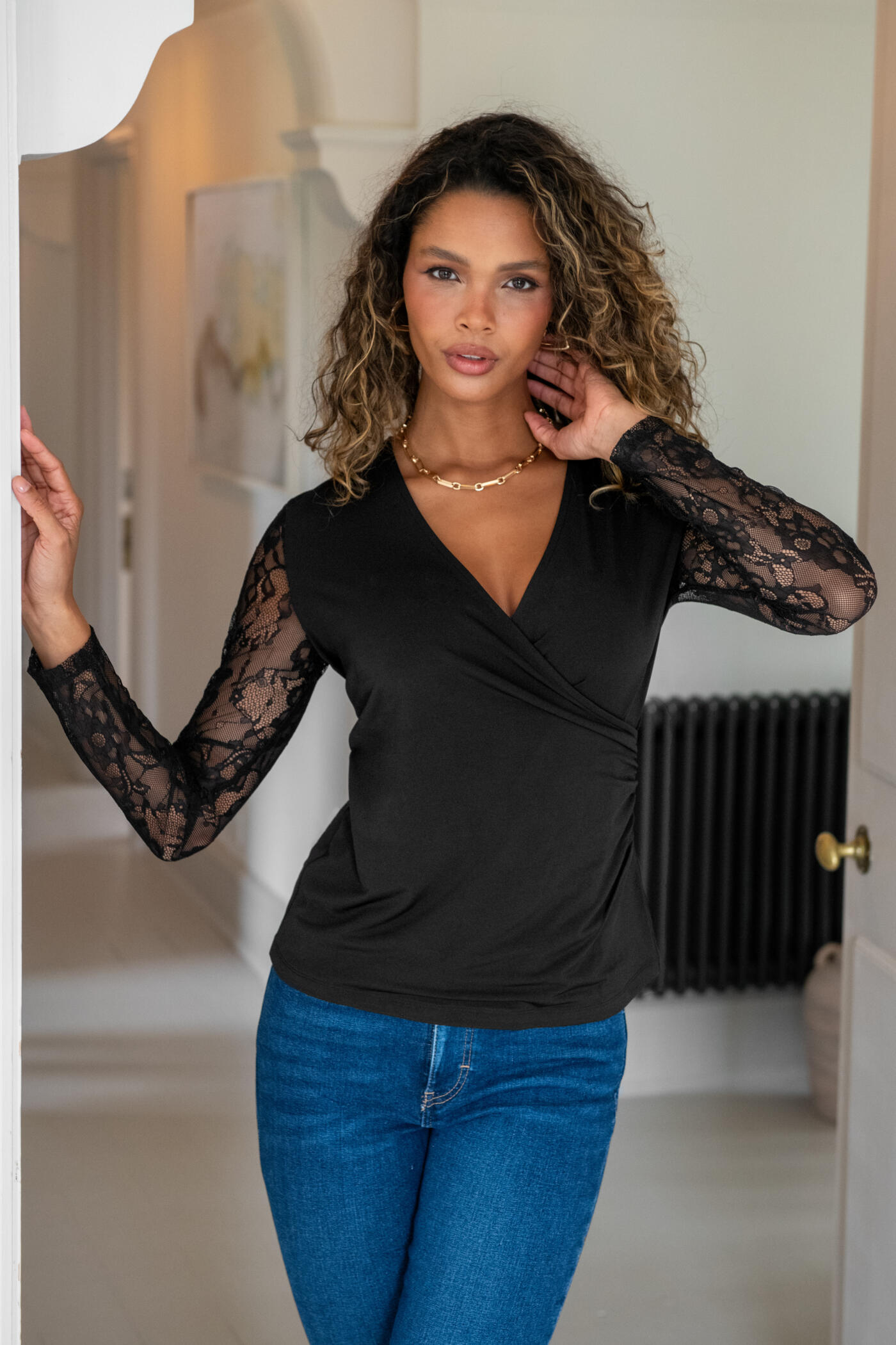 Julie Slinky Jersey Lace Long Sleeve Top in Black | Pour Moi
