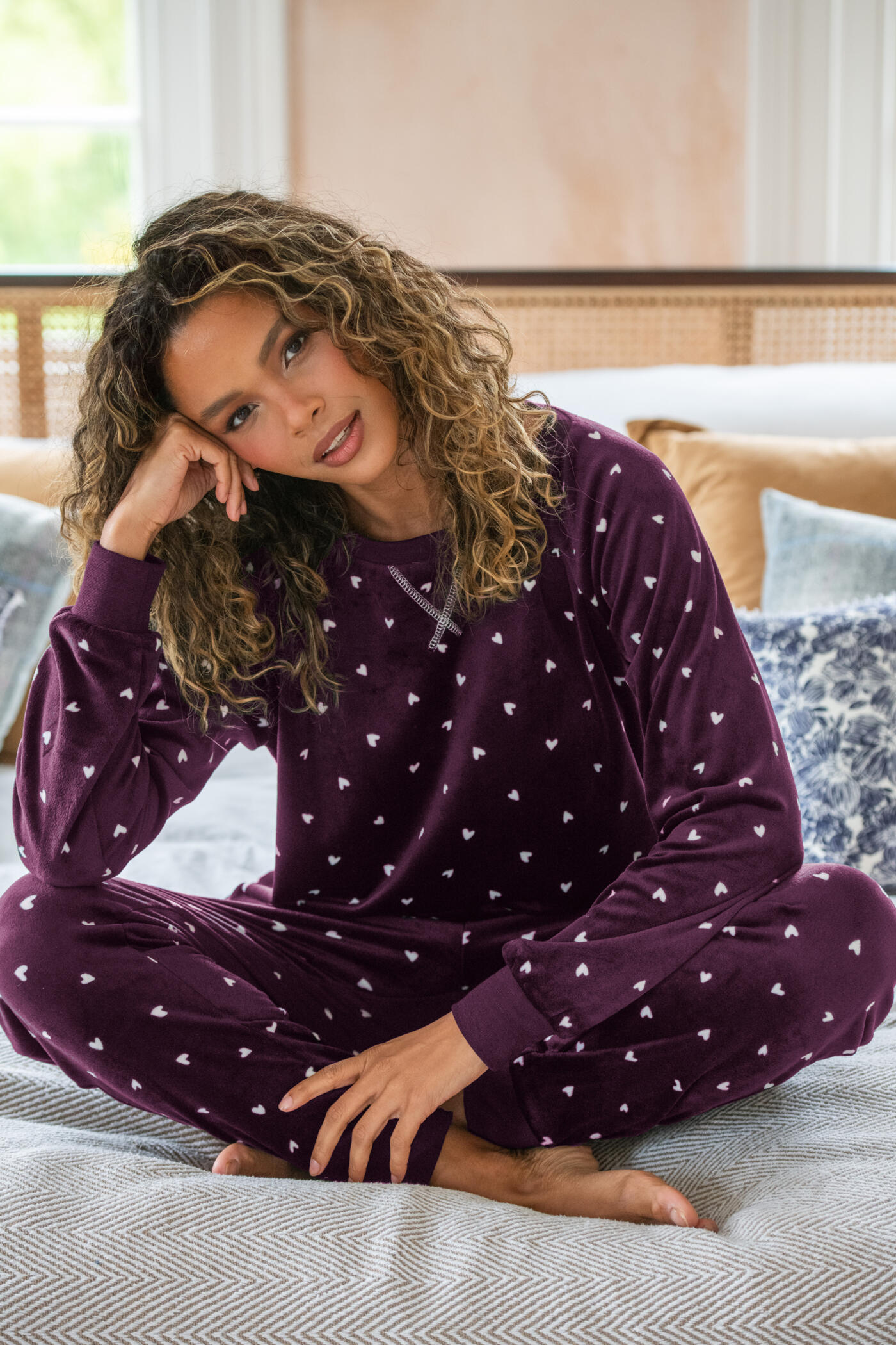 Cosy Fleece Sweatshirt and Jogger Pyjama Set Plum White