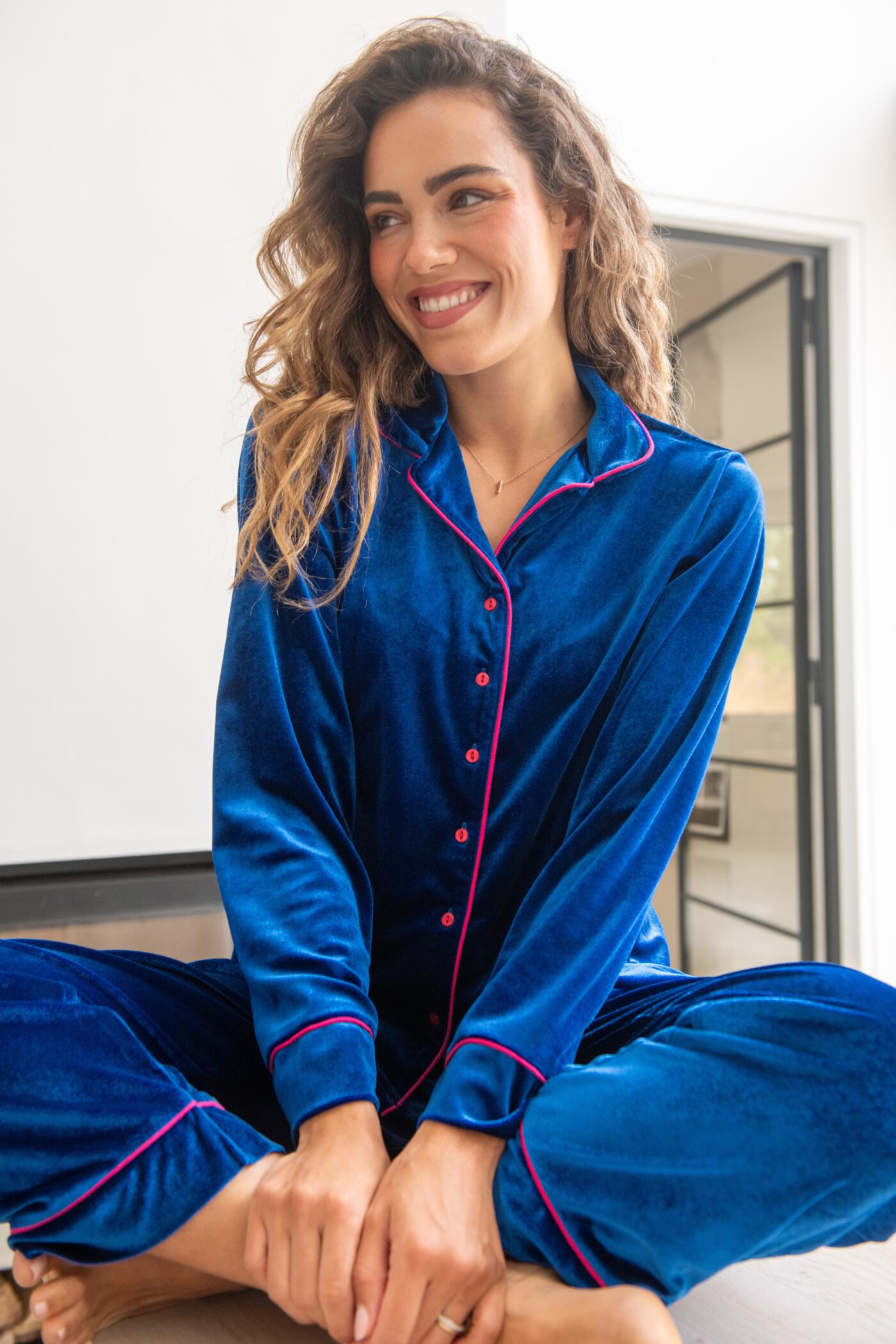 Velour Contrast Trim Pyjama Set Cobalt Pink