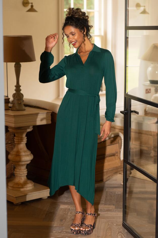Venetia Jersey Hanky Hem Collared Midi Dress 