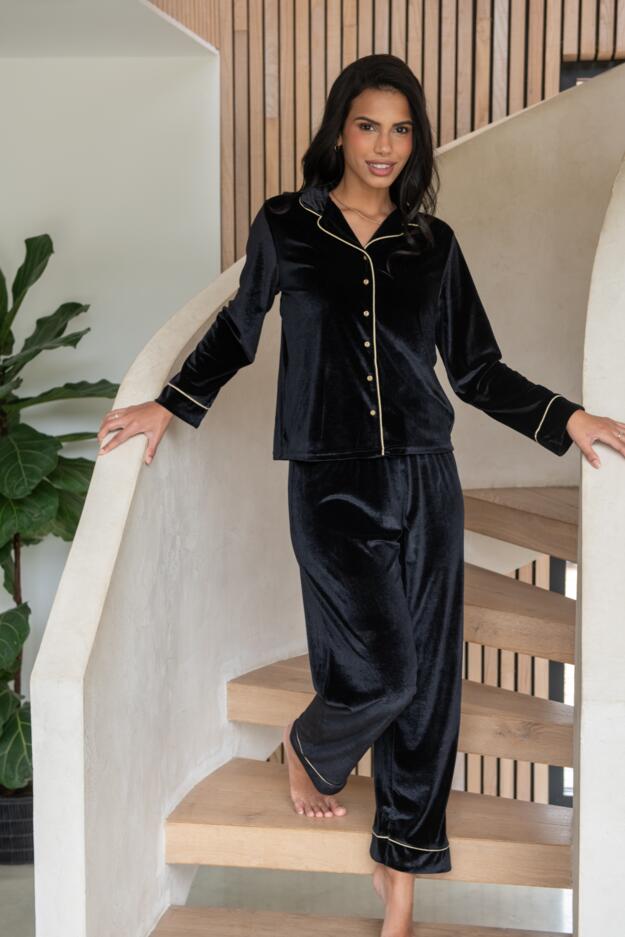 Velour Contrast Trim Pyjama Set