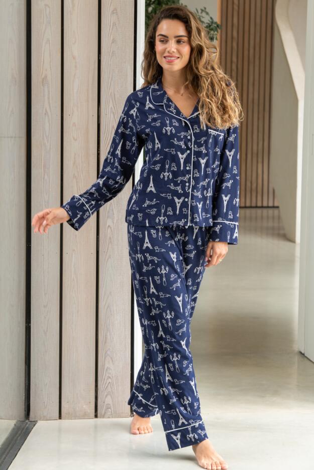 Cotton Jersey Dog Print Revere Collar Pyjama Set