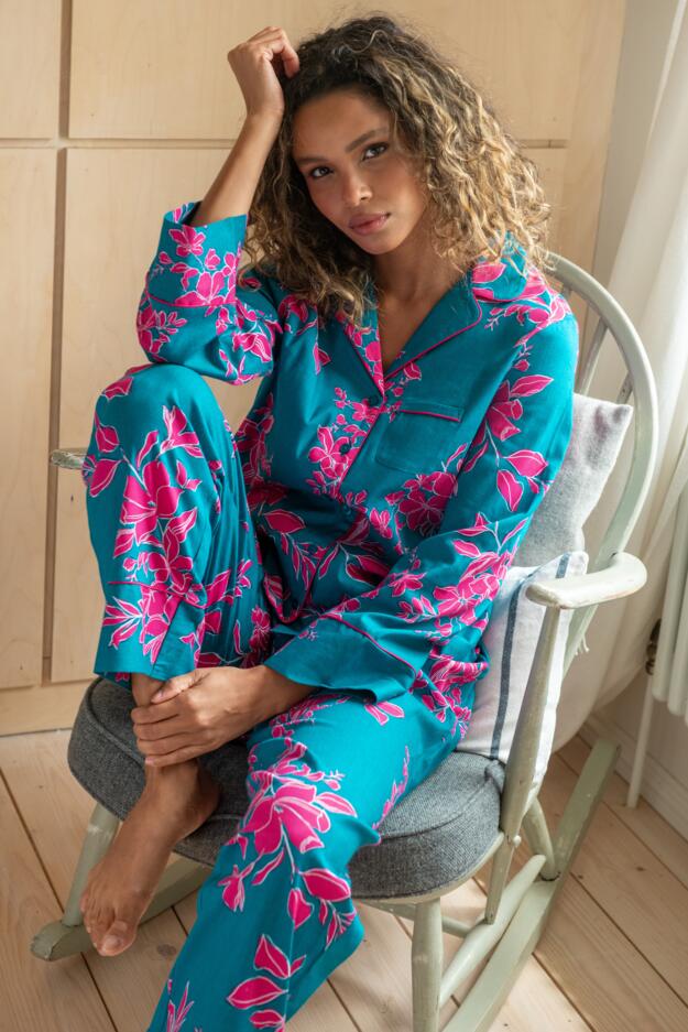 Stretch Cotton Button Through Revere Collar Pyjama Set