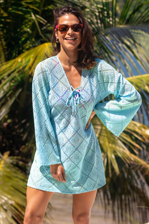 Crochet Lace Long Sleeve Beach Cover Up