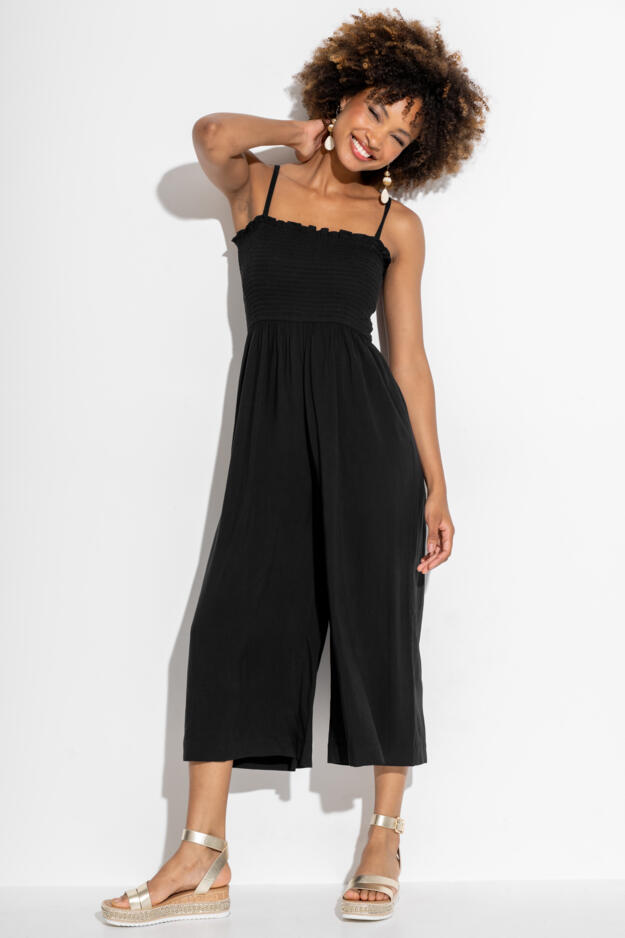 Strapless Shirred Bodice Crop Leg Beach Jumpsuit