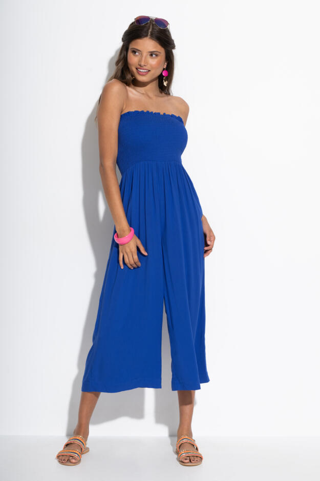 Strapless Shirred Bodice Crop Leg Beach Jumpsuit