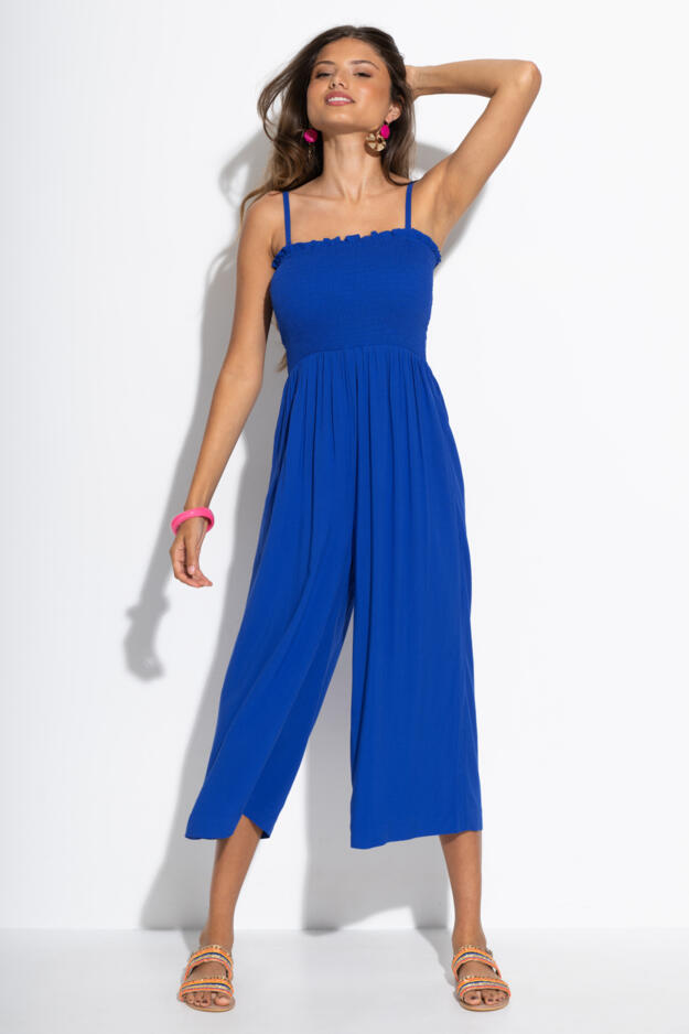 Strapless Shirred Bodice Crop Leg Beach Jumpsuit