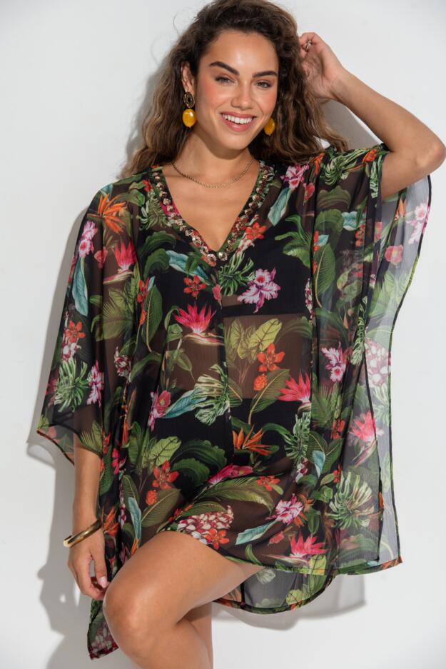 Chiffon V-Neck Embellished Kaftan 