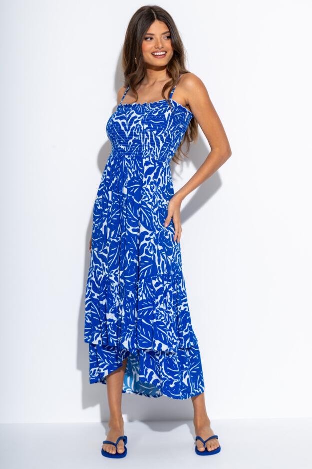  Strapless Asymmetric Tiered Woven Maxi Dress