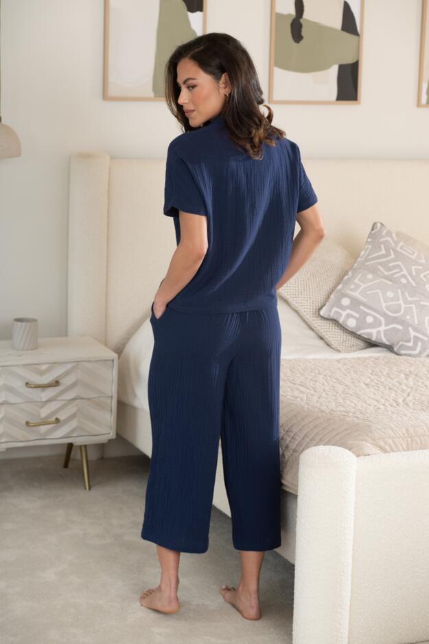 Woven Double Cloth Revere Collar Shirt & Cropped Trouser Pyjama Set
