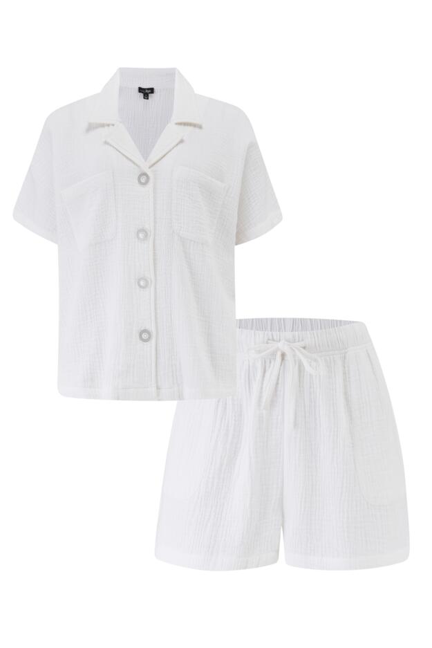 Woven Double Cloth Revere Collar Shirt and Short Pyjama Set
