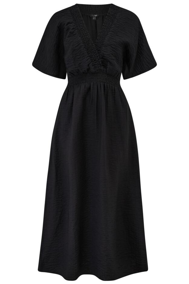 Shirred Neckline Textured Woven Midi Dress