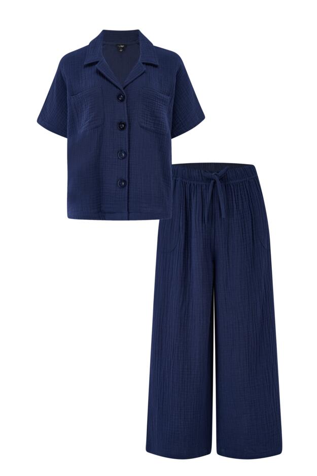 Woven Double Cloth Revere Collar Shirt & Cropped Trouser Pyjama Set