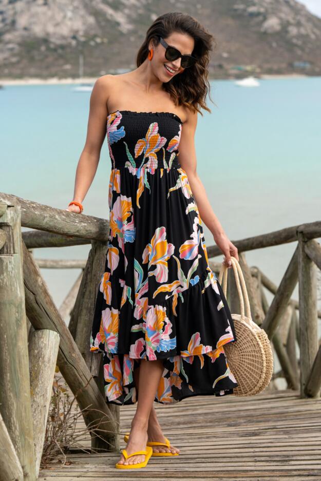  Strapless Asymmetric Tiered Woven Maxi Dress