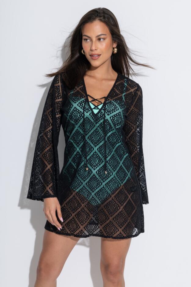 Free Spirit Crochet Lace Long Sleeve Beach Cover Up