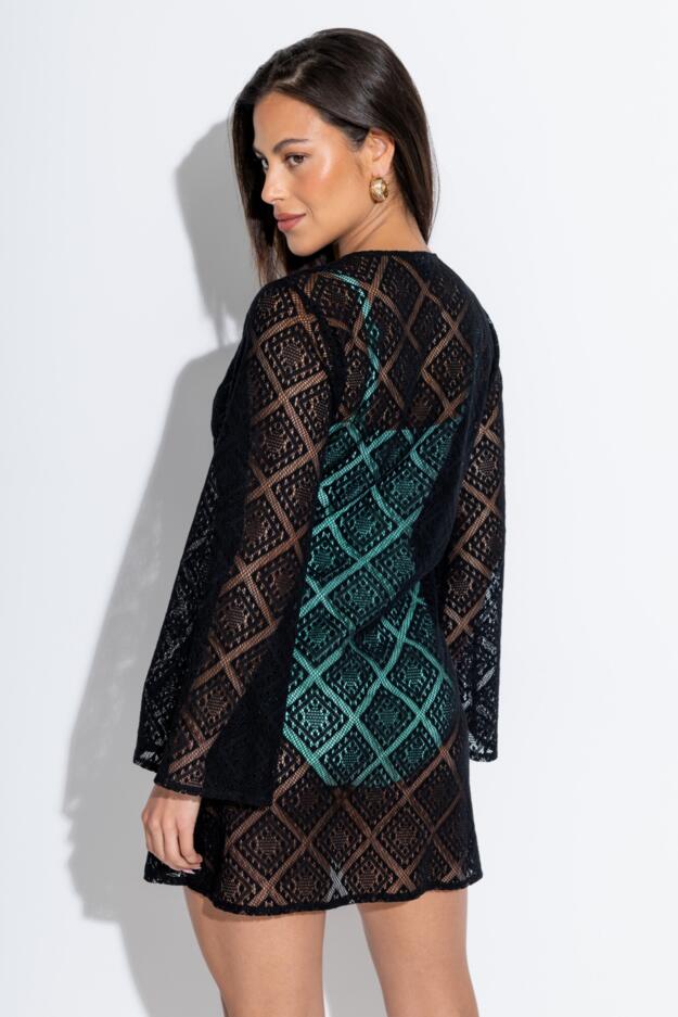 Free Spirit Crochet Lace Long Sleeve Beach Cover Up