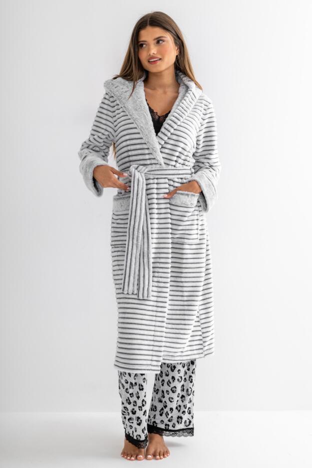 Cosy Ribbed Fleece Midi Hooded Dressing Gown  