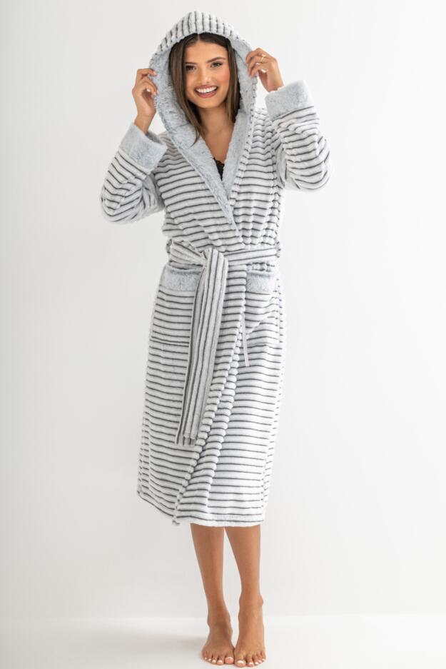 Cosy Ribbed Fleece Midi Hooded Dressing Gown  