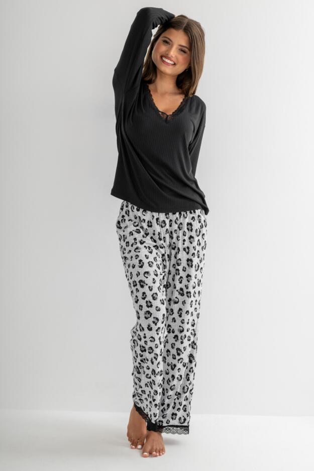 Brushed Rib Lace Trim V-Neck Lounge Pyjama Set