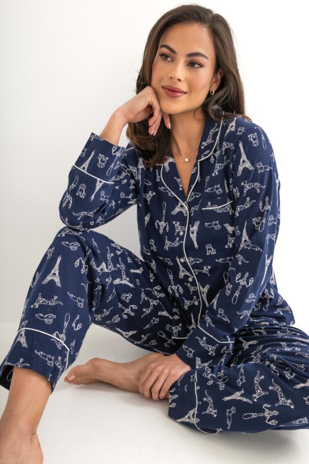 Cotton Jersey Dog Print Revere Collar Pyjama Set