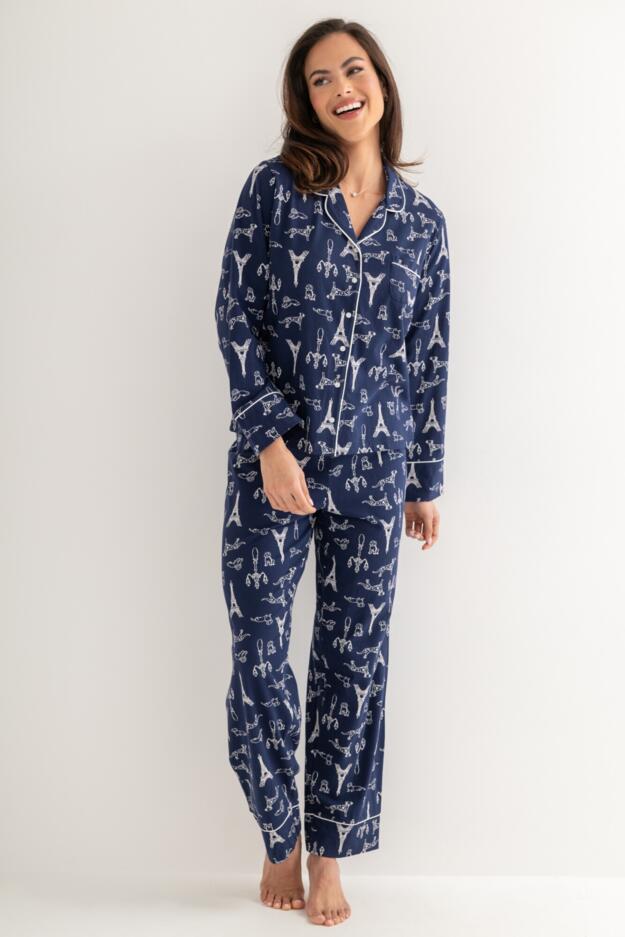 Cotton Jersey Dog Print Revere Collar Pyjama Set