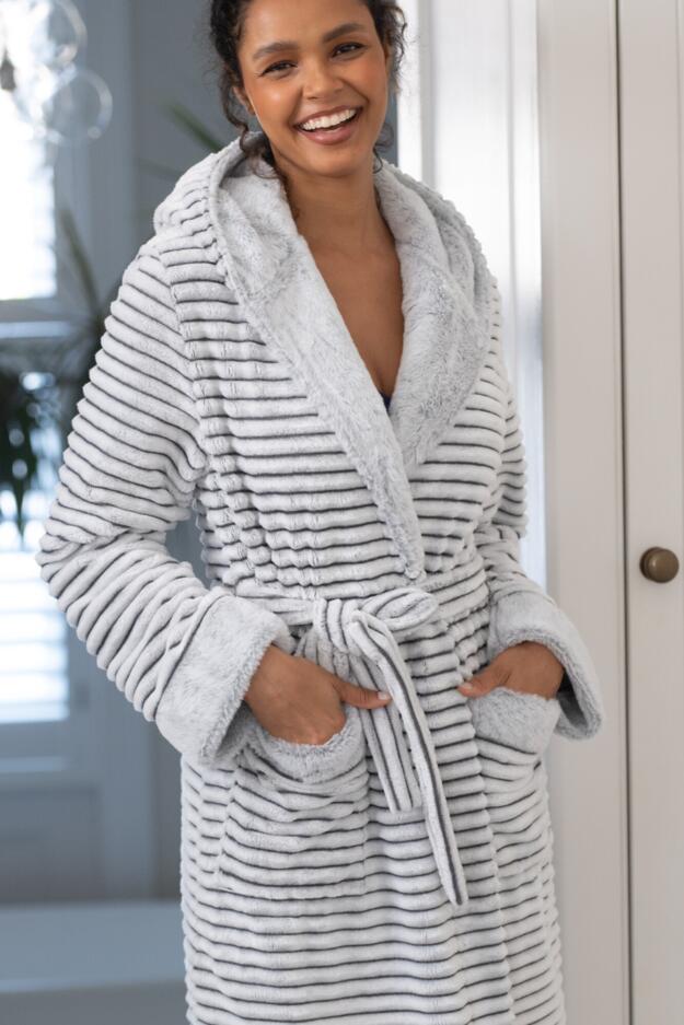 Cosy Ribbed Fleece Midi Hooded Dressing Gown  