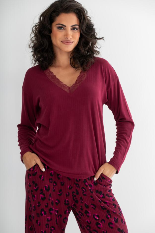 Brushed Rib Lace Trim V-Neck Lounge Pyjama Set