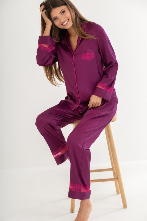 Dusk Satin and Lace Revere Collar Pyjama Set