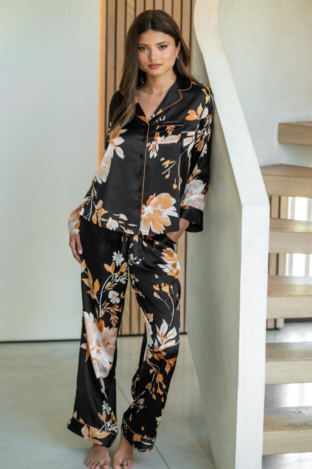 Dusk Printed Satin Revere Collar Pyjama Set