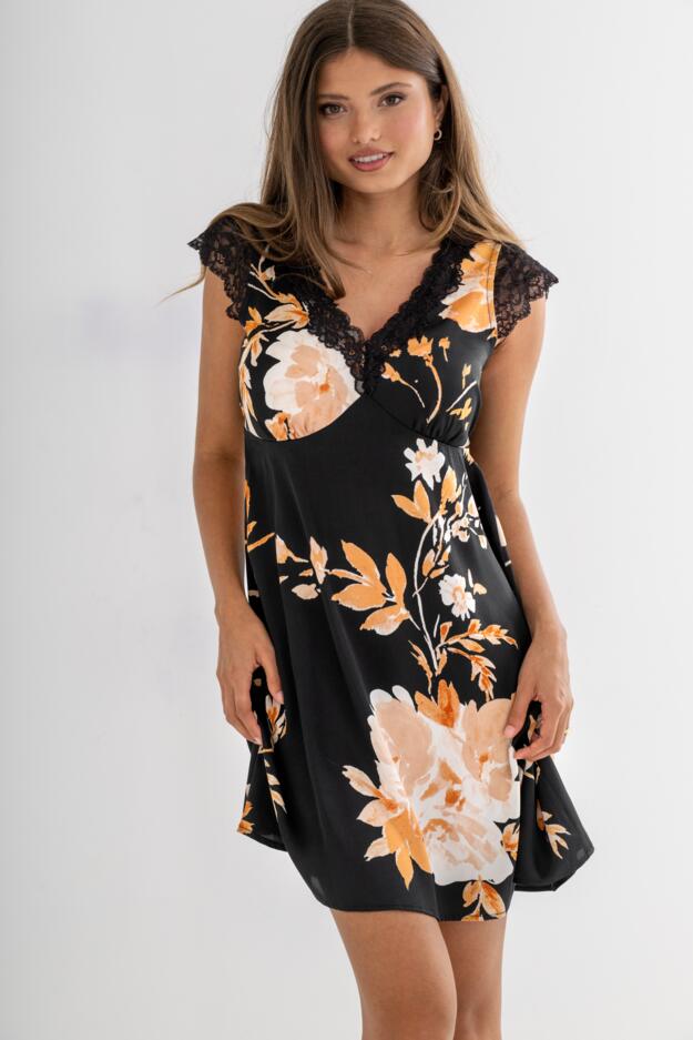 Dusk Printed Satin Lace Capped Sleeve Chemise