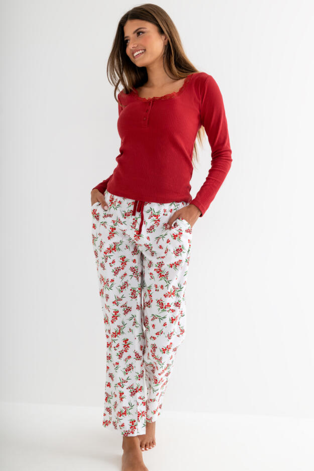 Rib Jersey Lace Trim Henley Top and Brushed Cotton Pyjama Set