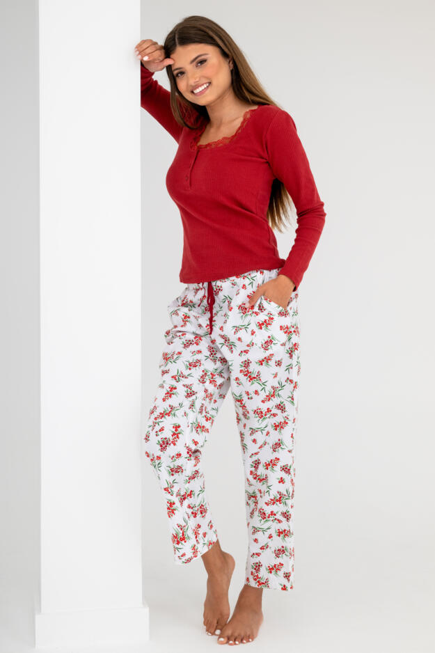 Rib Jersey Lace Trim Henley Top and Brushed Cotton Pyjama Set