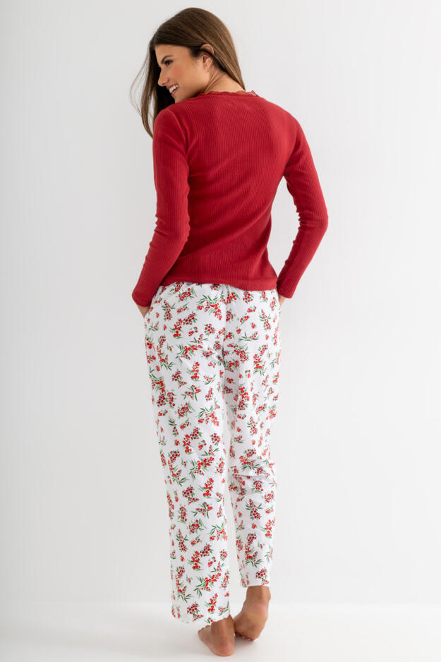 Rib Jersey Lace Trim Henley Top and Brushed Cotton Pyjama Set