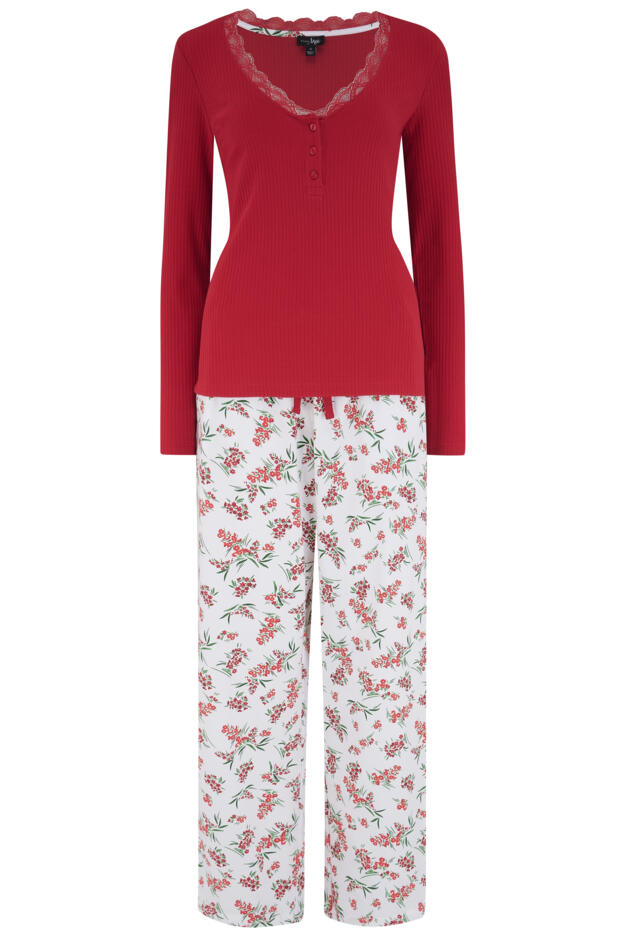 Rib Jersey Lace Trim Henley Top and Brushed Cotton Pyjama Set