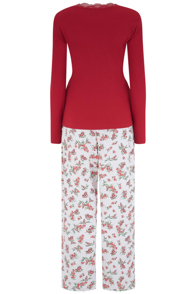 Rib Jersey Lace Trim Henley Top and Brushed Cotton Pyjama Set