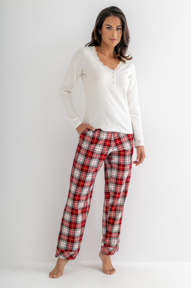  Rib Jersey Lace Trim Henley Top & Check Trouser Pyjama Set