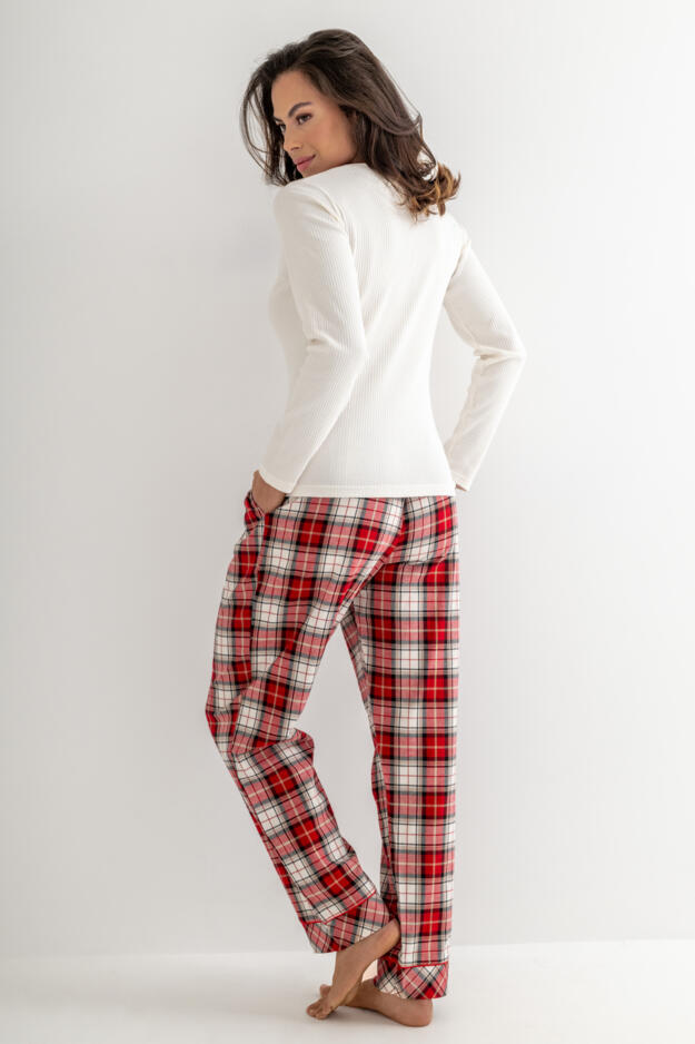  Rib Jersey Lace Trim Henley Top & Check Trouser Pyjama Set