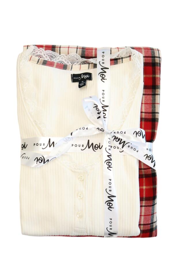  Rib Jersey Lace Trim Henley Top & Check Trouser Pyjama Set